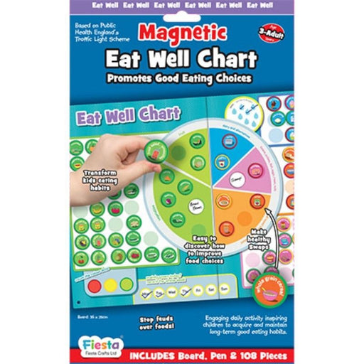 Promote healthy eating for kids with this reusable, magnetic eat well chart. Kids place magnetic pieces on the healthy eating plate to monitor their eating habits and find ways to make their diet more balanced and healthier. Colour coding of 86 illustrated food pieces helps the child instantly understand healthy foods and those that are not. Follows Red, Amber, Green of Public Health England's Traffic Light System. Suitable for children ages 3 - 9. Dimensions: 36 cm x 25 cm; Pieces: 110.
