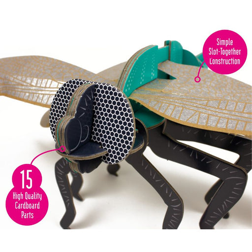 This easy to assemble Mini Build Dragonfly uses slot together techniques – there’s no glue, no mess, no fuss. Everything you need is provided in the kit – simply follow the included instructions: press out the pre-cut parts, build and play! Made using 100% sustainable cardboard and paper. 20-minute build time. Skill level rating: 2 stars out of 5. 15 press out parts. Designed in the UK. 37 cm wingspan. Age 8+.
