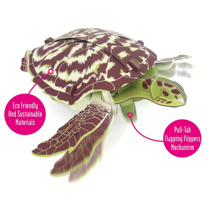 This easy to assemble Mini Build Hawksbill Turtle uses slot together techniques – there’s no glue, no mess, no fuss. Everything you need is provided in the kit – simply follow the included instructions: press out the pre-cut parts, build and play! Made using 100% sustainable cardboard and paper. 20-minute build time. Skill level rating: 2.5 stars out of 5. 23 press out parts. Designed in the UK. Age 8+.