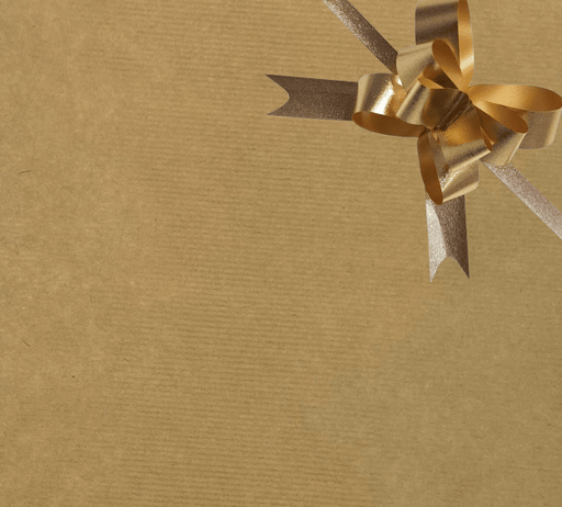 image of a square of wrapping paper, the paper is a solid natutral light brown kraft paper, in the corner of the gift wrap paper is a red gift wrapping bow