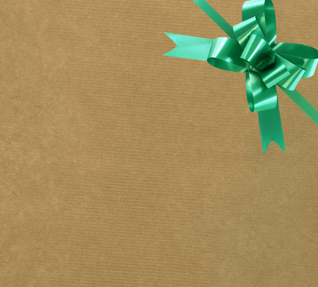 image of a square of wrapping paper, the paper is a solid natutral light brown kraft paper, in the corner of the gift wrap paper is a green gift wrapping bow