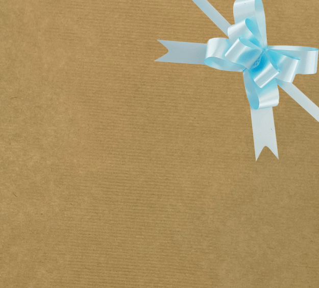 image of a square of wrapping paper, the paper is a solid natutral light brown kraft paper, in the centre of the gift wrap paper is a silver paper gift wrapping bow
