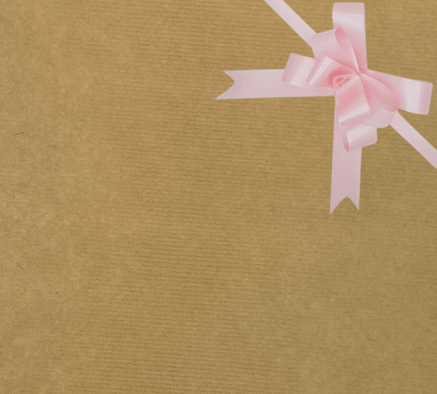 image of a square of wrapping paper, the paper is a solid natutral light brown kraft paper, in the centre of the gift wrap paper is a gold paper gift wrapping bow