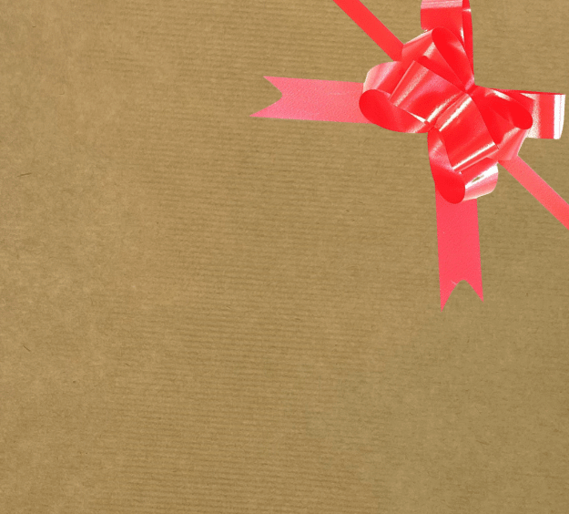 image of a square of wrapping paper, the paper is a solid natutral light brown kraft paper, in the corner of the gift wrap paper is a white gift wrapping bow