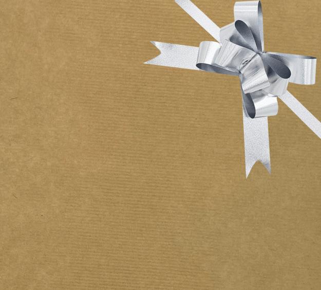 image of a square of wrapping paper, the paper is a solid natutral light brown kraft paper, in the corner of the gift wrap paper is a silver gift wrapping bow
