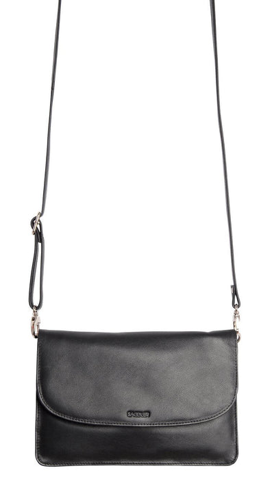 Image of a saddler olivia slim cross body purse clutch with detachable strap in Black. It is made from leather