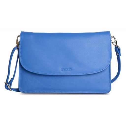 Saddler "Olivia" Slim Cross Body Purse Clutch with Detachable Strap in Light Blue. Made from luxurious leather, this 3-section handbag has 2 open sections to the main body with a zipped section to the centre and internal zipped pocket to the rear. It also features an adjustable and detachable shoulder strap which allows this bag to be used as a cross body or as a clutch. The strap centre drop is 75cm. Approximate Size: 22.5 x 15.0 x 3.5cm when closed. 12 month warranty for normal use. 