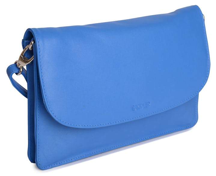 Image of a saddler olivia slim cross body purse clutch with detachable strap in Blue. It is made from leather