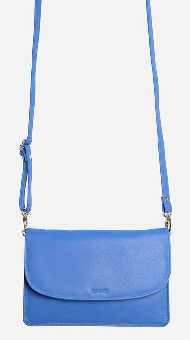 Image of a saddler olivia slim cross body purse clutch with detachable strap in Blue. It is made from leather