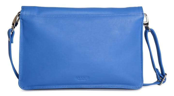Image of a saddler olivia slim cross body purse clutch with detachable strap in Blue. It is made from leather