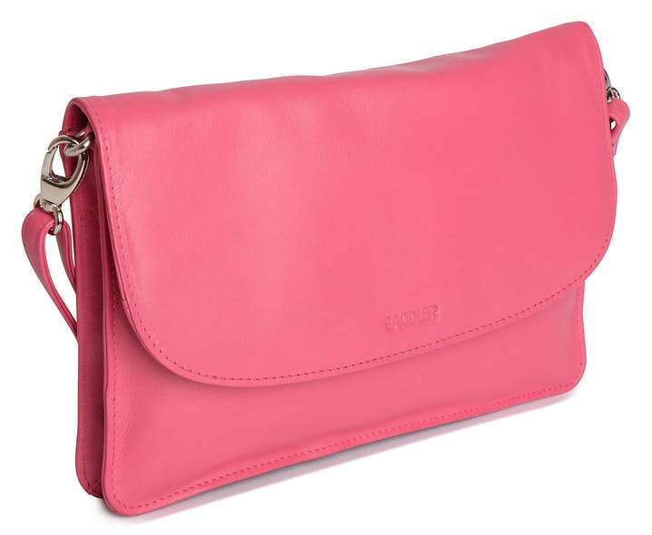 Image of a saddler olivia slim cross body purse clutch with detachable strap in fuschia. It is made from leather