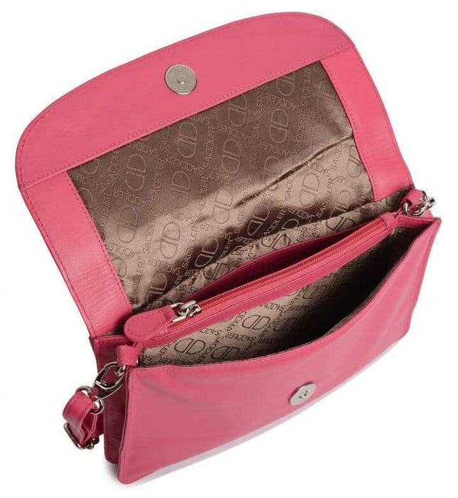 Image of a saddler olivia slim cross body purse clutch with detachable strap in fuschia. It is made from leather