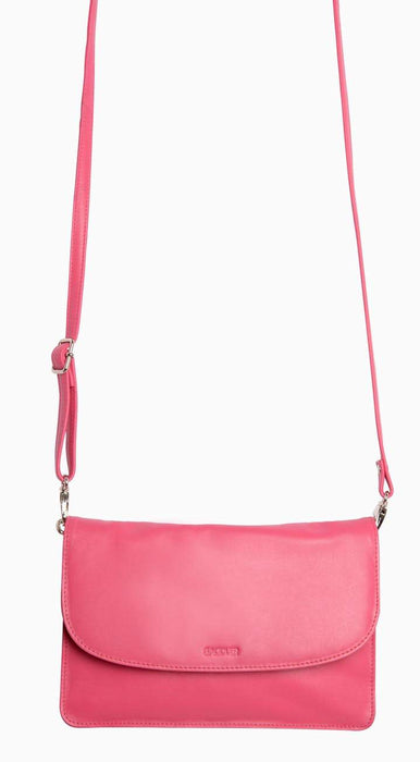Image of a saddler olivia slim cross body purse clutch with detachable strap in fuschia. It is made from leather