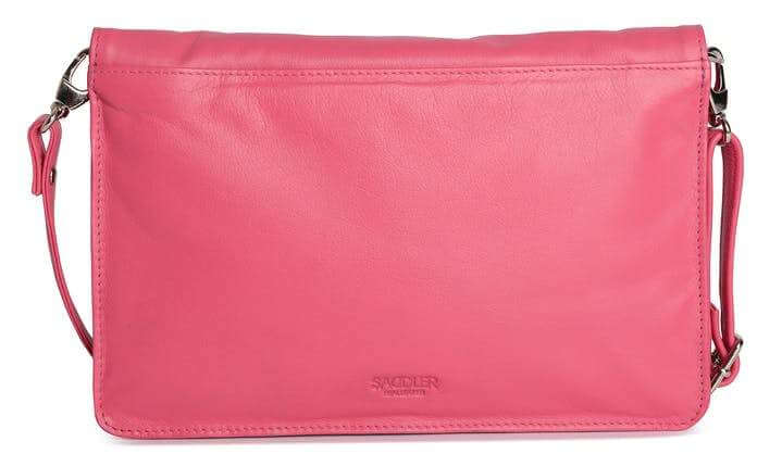 Image of a saddler olivia slim cross body purse clutch with detachable strap in fuschia. It is made from leather