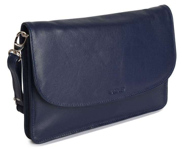 Image of a saddler olivia slim cross body purse clutch with detachable strap in navy blue. It is made from leather