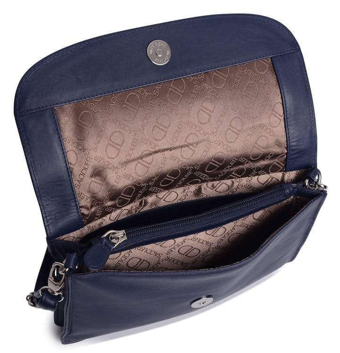 Image of a saddler olivia slim cross body purse clutch with detachable strap in navy blue. It is made from leather