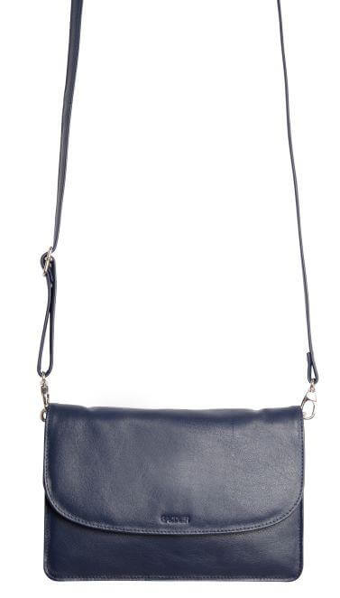 Image of a saddler olivia slim cross body purse clutch with detachable strap in navy blue. It is made from leather