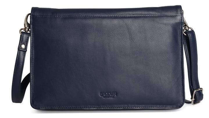 Image of a saddler olivia slim cross body purse clutch with detachable strap in navy blue. It is made from leather