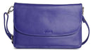 Image of a saddler olivia slim cross body purse clutch with detachable strap in purple. It is made from leather