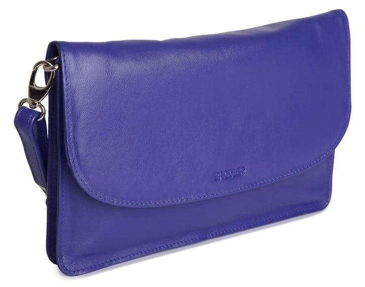 Image of a saddler olivia slim cross body purse clutch with detachable strap in purple. It is made from leather