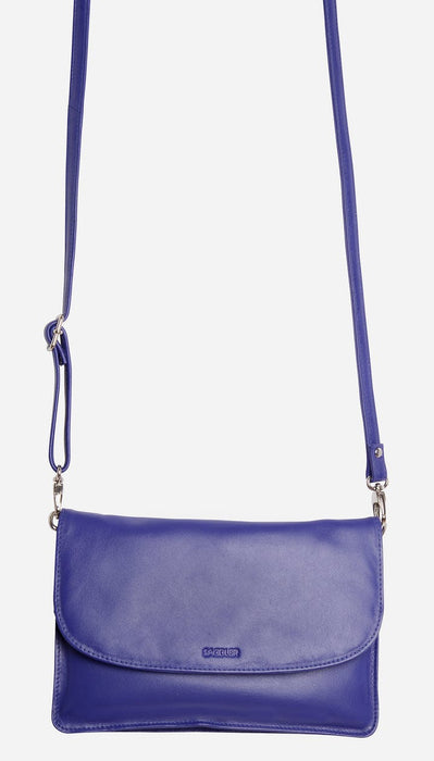 Image of a saddler olivia slim cross body purse clutch with detachable strap in purple. It is made from leather