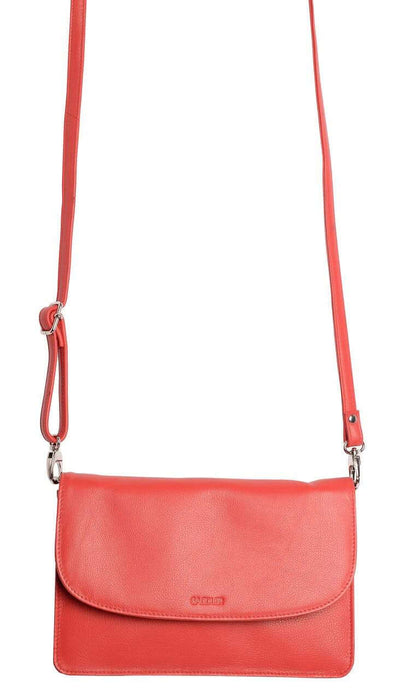 Image of a saddler olivia slim cross body purse clutch with detachable strap in red. It is made from leather