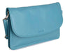 Image of a saddler olivia slim cross body purse clutch with detachable strap in teal. It is made from leather