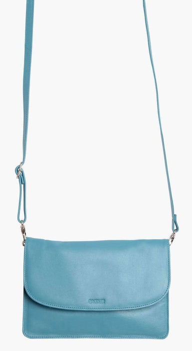 Image of a saddler olivia slim cross body purse clutch with detachable strap in teal. It is made from leather