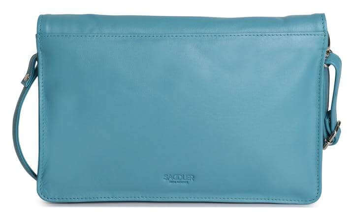 Image of a saddler olivia slim cross body purse clutch with detachable strap in teal. It is made from leather