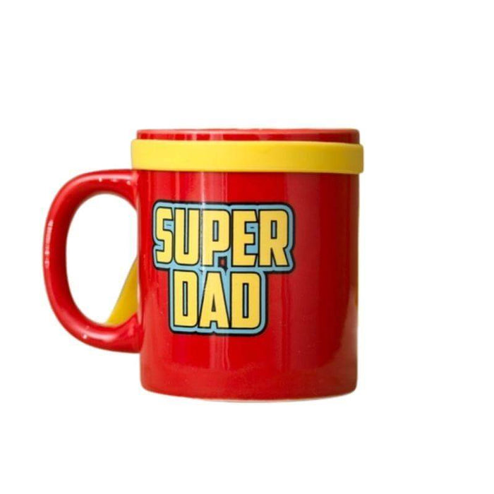 image of a red mug with detachable plastic yellow cape and the words 'Super Dad' written on the front.