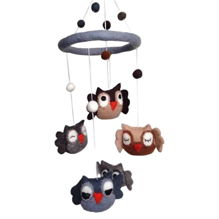 This delightful felt Owl Mobile by The Winding Road is a beautiful addition to your Nursery. Featuring 5 differently coloured Owls.  Approximately 20" tall and 7.5" wide.  Handmade from 100% natural wool. No chemicals are used during production.