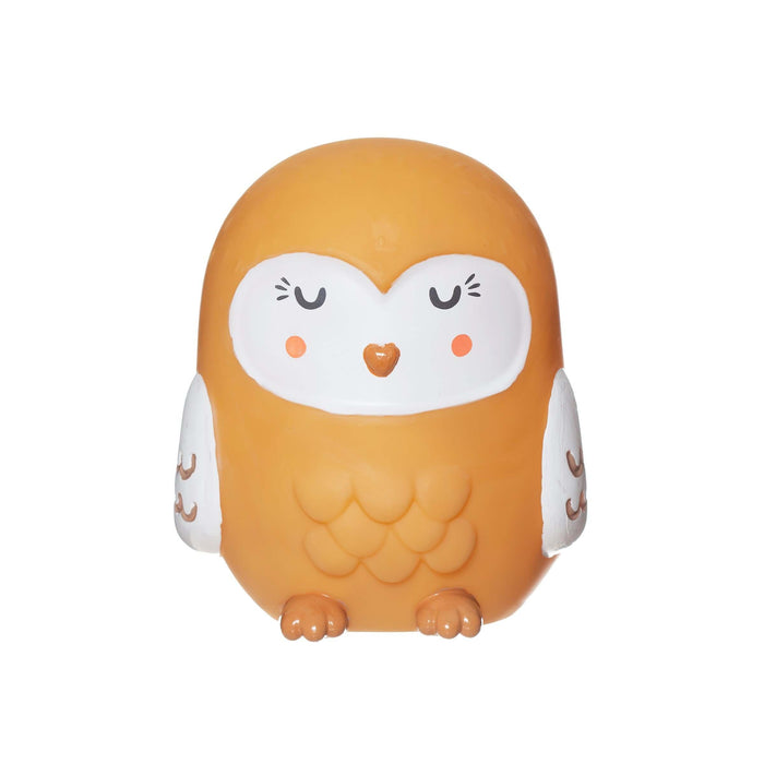 image of a childs nightlight in the shape of an orangey/brown cream coloured friendly owl which has its eyes closed