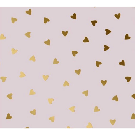 image of a square of wrapping paper, the paper has a pink background and features lots of little gold hearts all over it