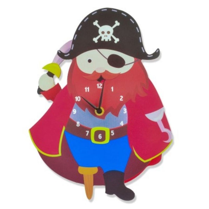 Fun wooden, multi coloured, Pirate clock with moving pendulum parts. Watch out as the pirate sword swings up and down in time with the clock movement. A great room decoration and ideal gift for all pirate fans. Age: 3-9 (22 x 29 cm). Requires 2 x AA Batteries - Not included.