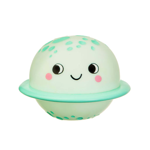 image of a childs nightlight in the shape of a light green coloured friendly planet who has big friendly eyes and a smiling blushing face.