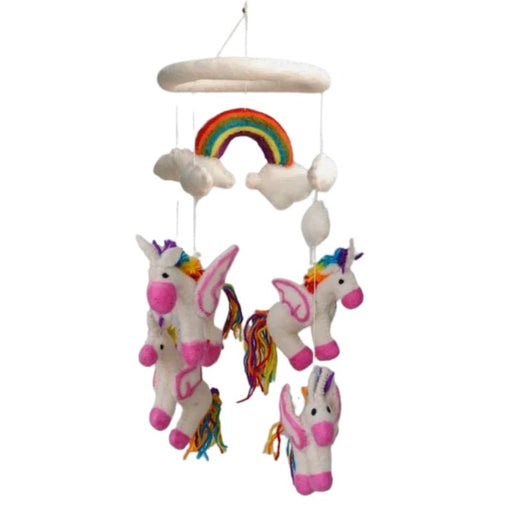 This delightful felt Rainbow Unicorn Mobile by The Winding Road is a beautiful addition to your Nursery. Featuring fluffy white clouds, a rainbow and four Rainbow Unicorns.  Approximately 20" tall and 7.5" wide.  Handmade from 100% natural wool. No chemicals are used during production.