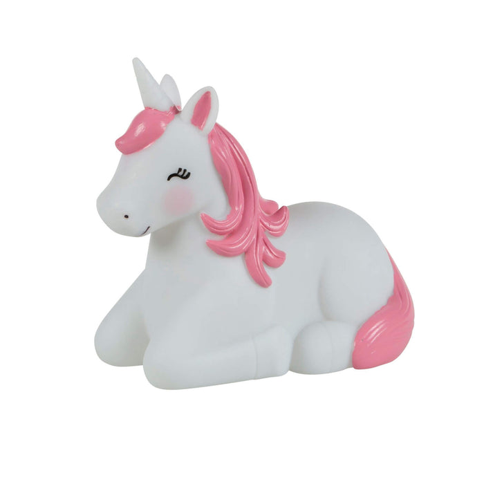 image of a childs nightlight in the shape of a white and pink coloured friendly unicorn who has her eyes closed