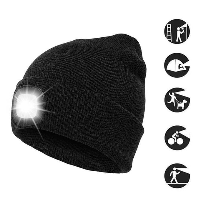 Rechargeable LED Light Beanie Hat (Washable) in Black