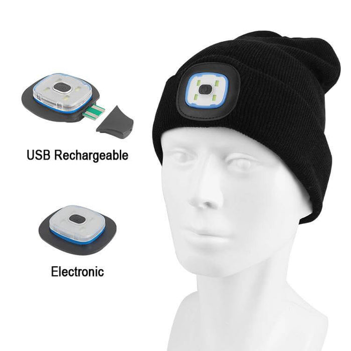 Rechargeable LED Light Beanie Hat (Washable) in Black