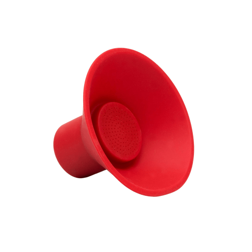 image of a red speaker which is shaped like a classic speaker icon you would see when adjusting volume on a tv or pc