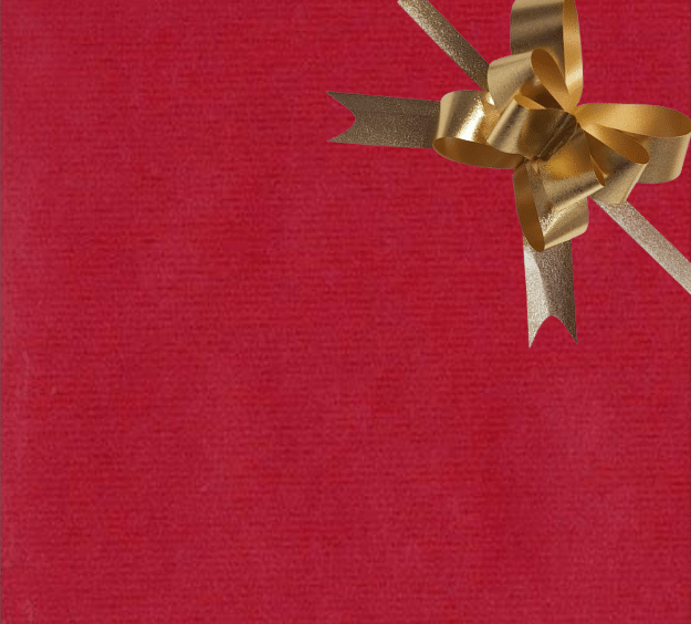 image of a square of wrapping paper, the paper is a solid dark red kraft paper, in the centre of the gift wrap paper is a green paper gift wrapping bow