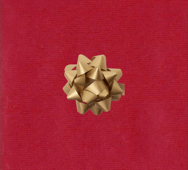 image of a square of wrapping paper, the paper is a solid dark red kraft paper, in the centre of the gift wrap paper is a silver paper gift wrapping bow