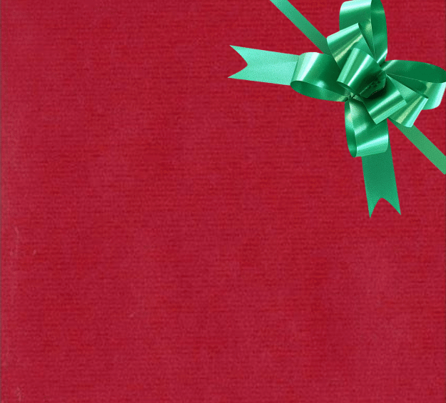 image of a square of wrapping paper, the paper is a solid dark red kraft paper, in the corner of the gift wrap paper is a gold gift wrapping bow