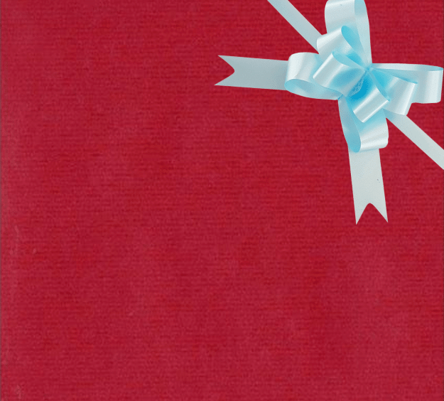 image of a square of wrapping paper, the paper is a solid dark red kraft paper, in the corner of the gift wrap paper is a light pink gift wrapping bow