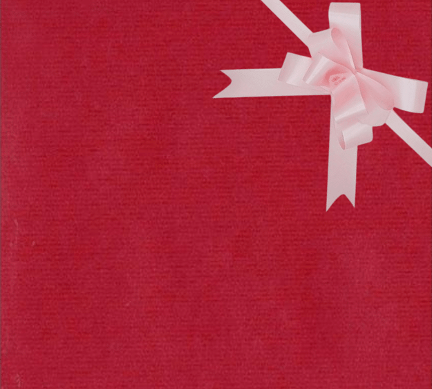 image of a square of wrapping paper, the paper is a solid dark red kraft paper, in the centre of the gift wrap paper is a red paper gift wrapping bow