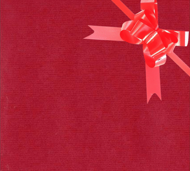 image of a square of wrapping paper, the paper is a solid dark red kraft paper, in the corner of the gift wrap paper is a bright blue gift wrapping bow