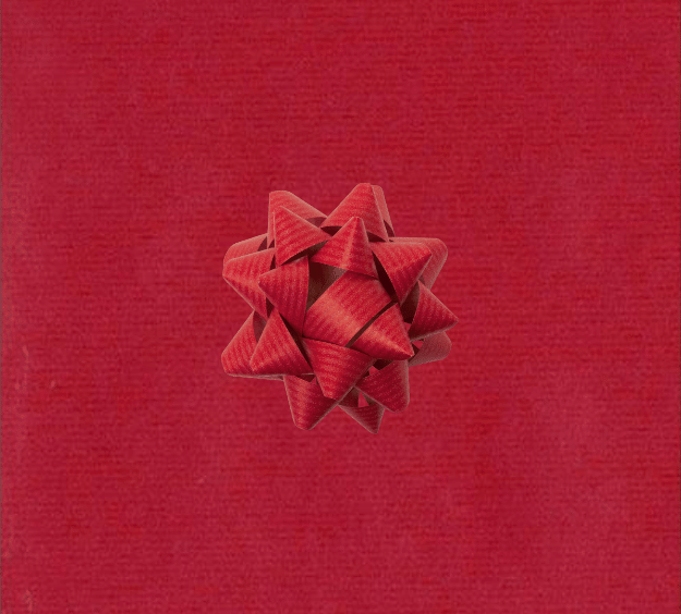 image of a square of wrapping paper, the paper is a solid dark red kraft paper, in the corner of the gift wrap paper is a red gift wrapping bow