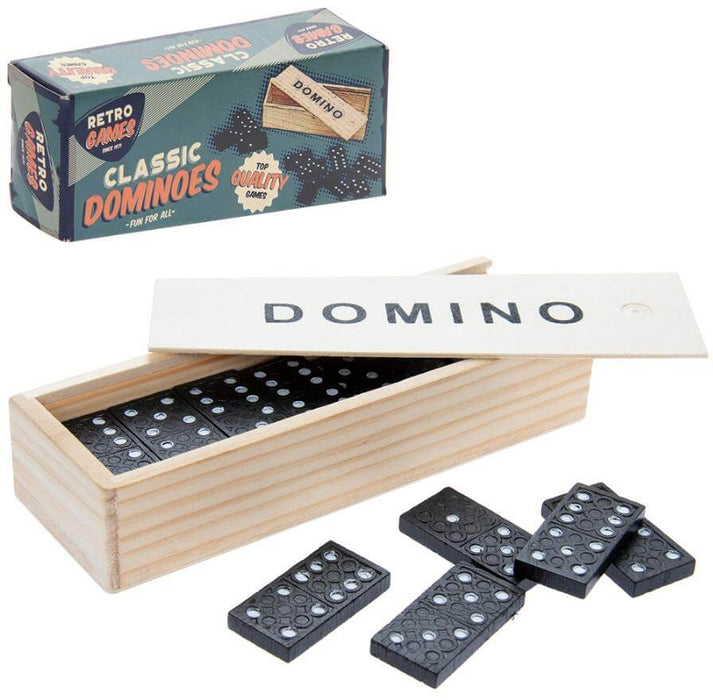 image of light brown wooden box containing classic black dominos with white dots on and a retro style dominos box. 