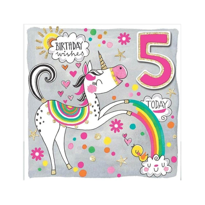 image of a greeting card which has a silver background, the words 'birthday wishes' in the top left and '5 today' in the top right. It features a hand drawn, friendly and super cute magical unicorn with golden horn and rainbow saddle. Rainbows also come out of the unicorns front hooves. Its' a unicorn styles happy 5th birthday card