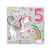 image of a greeting card which has a silver background, the words 'birthday wishes' in the top left and '5 today' in the top right. It features a hand drawn, friendly and super cute magical unicorn with golden horn and rainbow saddle. Rainbows also come out of the unicorns front hooves. Its' a unicorn styles happy 5th birthday card